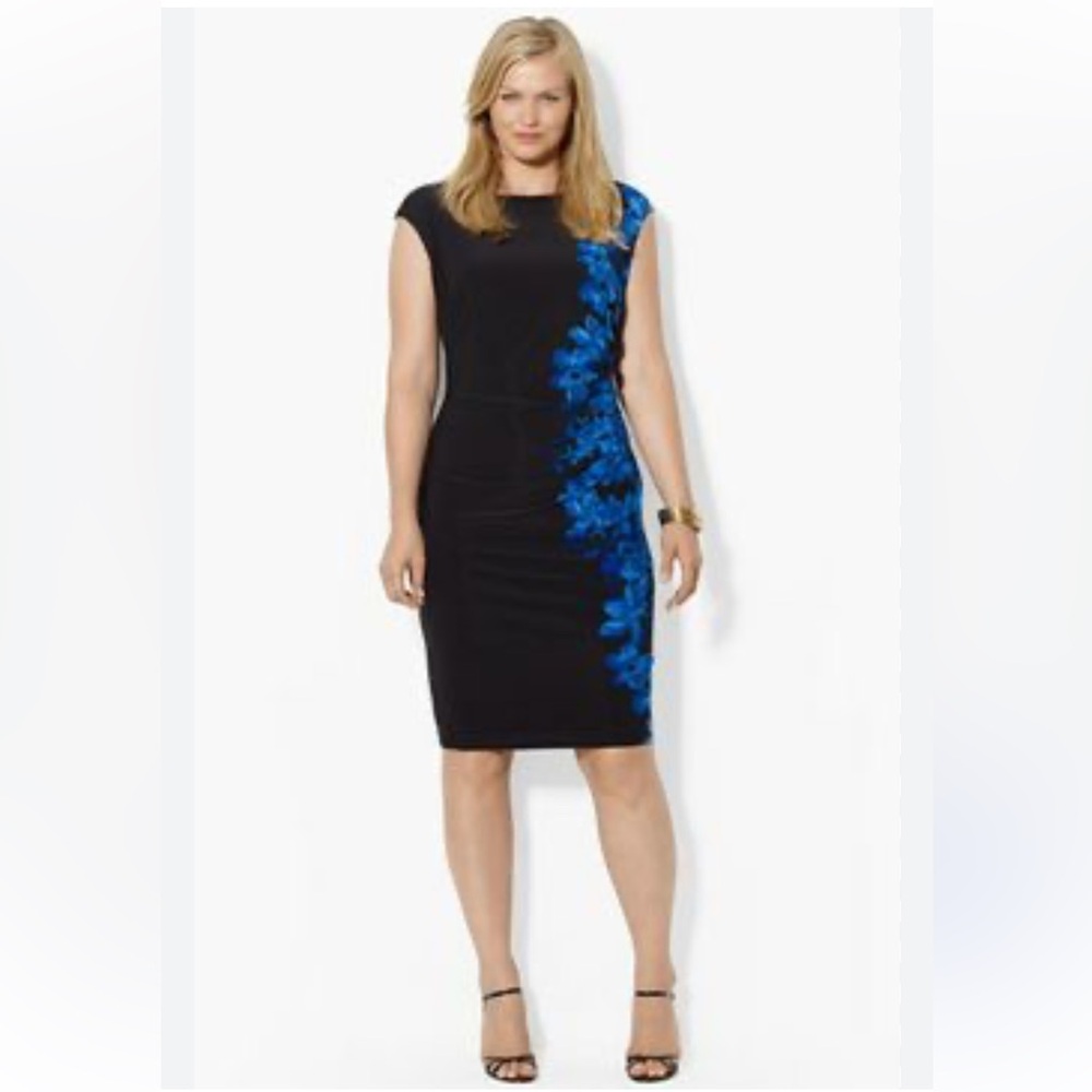 Ralph Lauren Black and Blue Midi draped floral Dress short sleeve lined size 20W